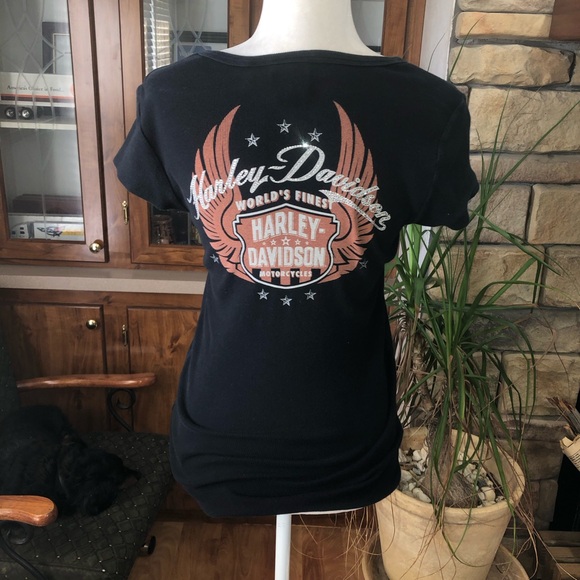 HARLEY DAVIDSON SIZE LARGE WOMENS SHORT SLEEVE TOP. STRETCHY AND SEXY. - Picture 3 of 3